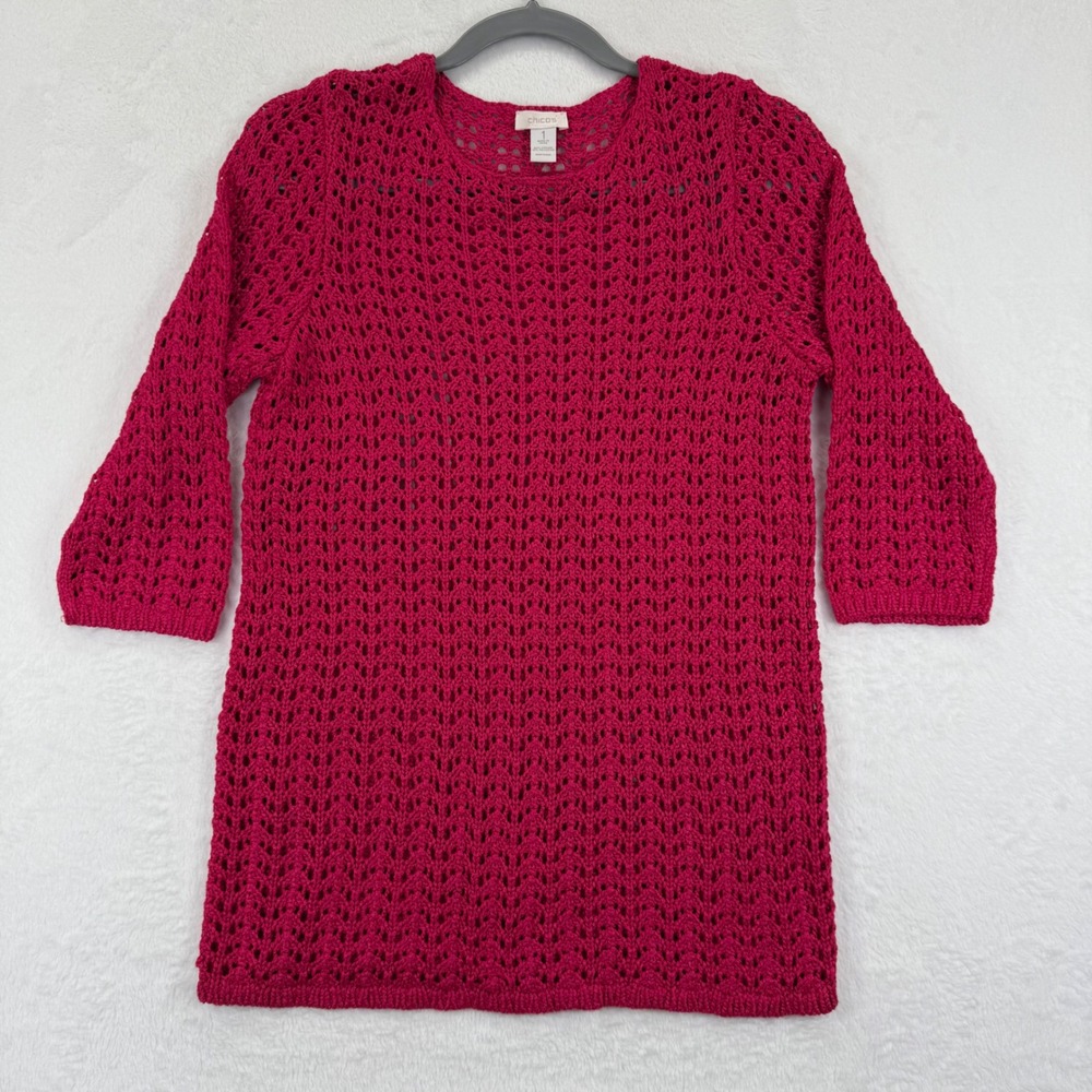 Chicos Crochet Knit Top Pink 3/4 Sleeve Blouse Womens Size 1 Medium Open Weave‎